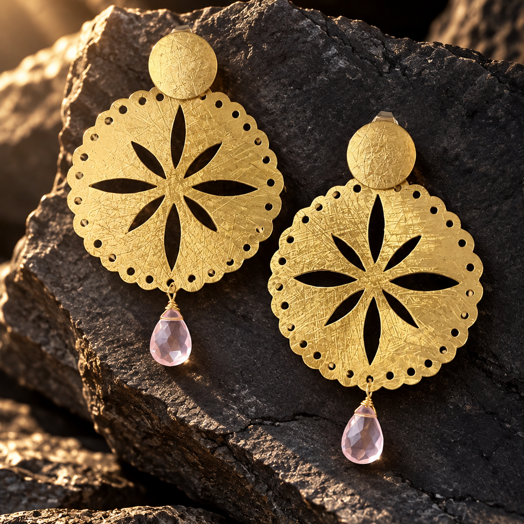 Aros hechos a mano de bronce con cuarzo rosado -ESTELA